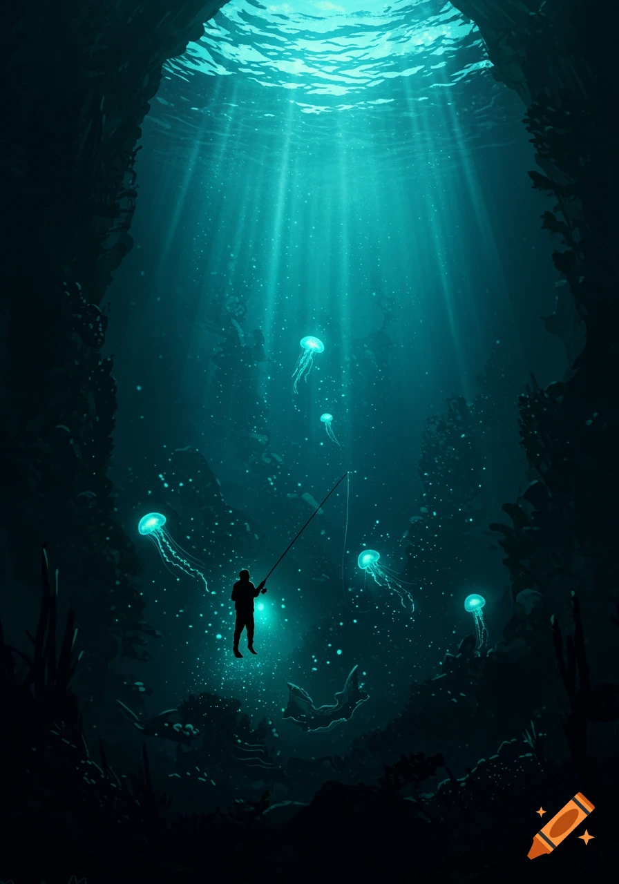 A silhouette of a person fishing in a dark underwater abyss, surrounded by glowing jellyfish and shafts of light from the surface.