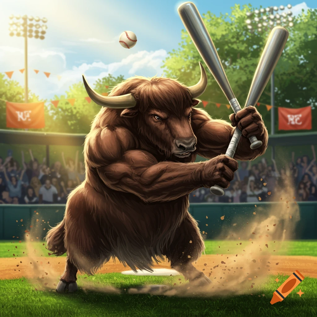 A muscled brown yak in a baseball stadium swings two baseball bats, with dirt kicking up from the ground. A baseball flies above.