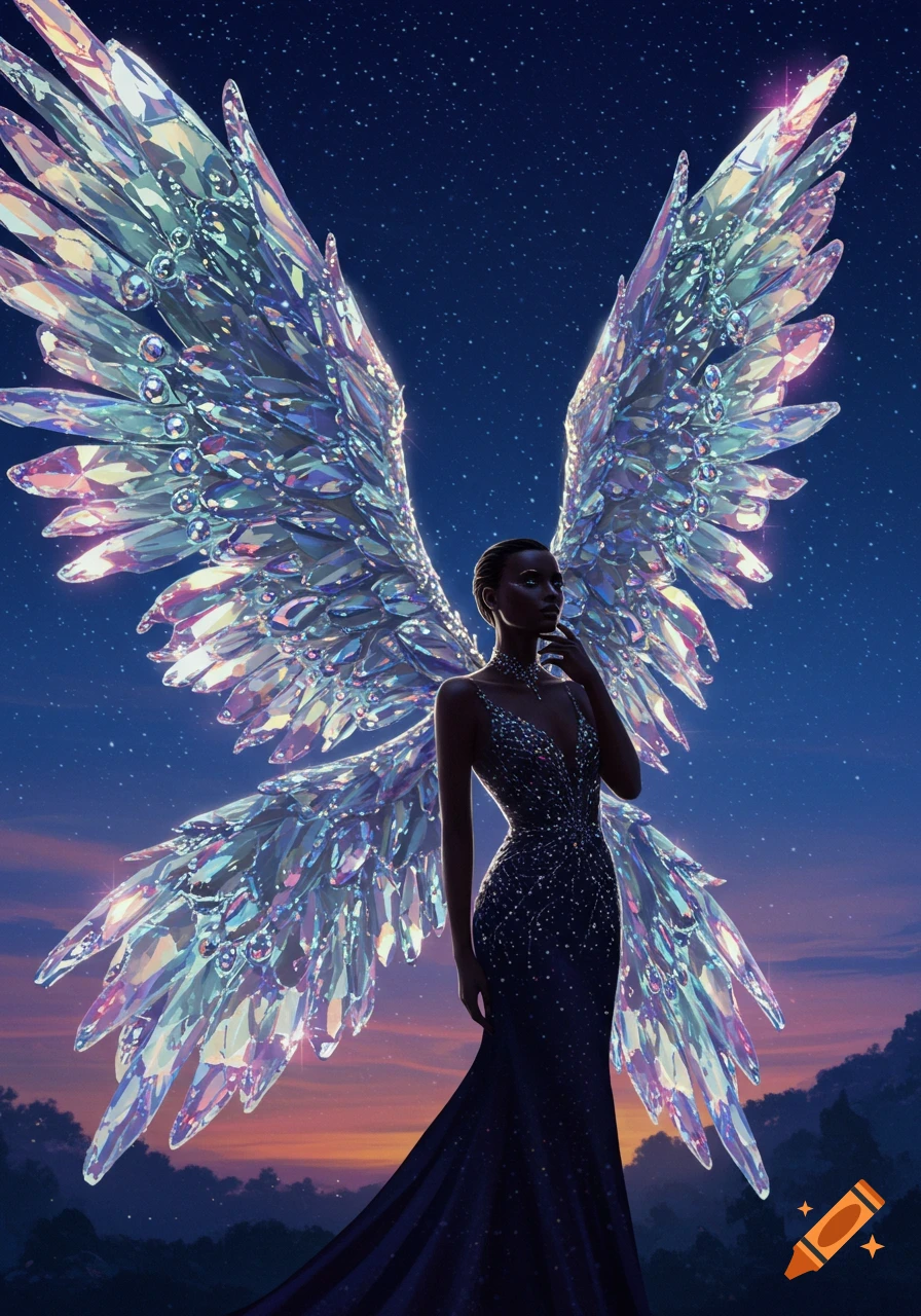 A dark-skinned woman with elaborate, sparkling crystal wings stands in a long dress under a starry twilight sky with mountains in the distance.