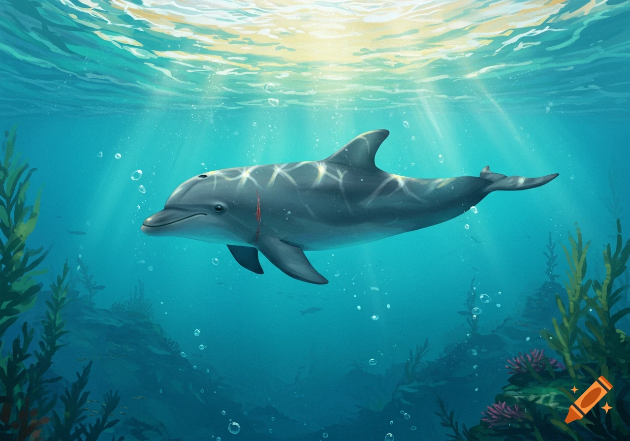 An illustrated dolphin with a small cut swims gracefully underwater, with sunlight filtering through the surface and seaweed below.