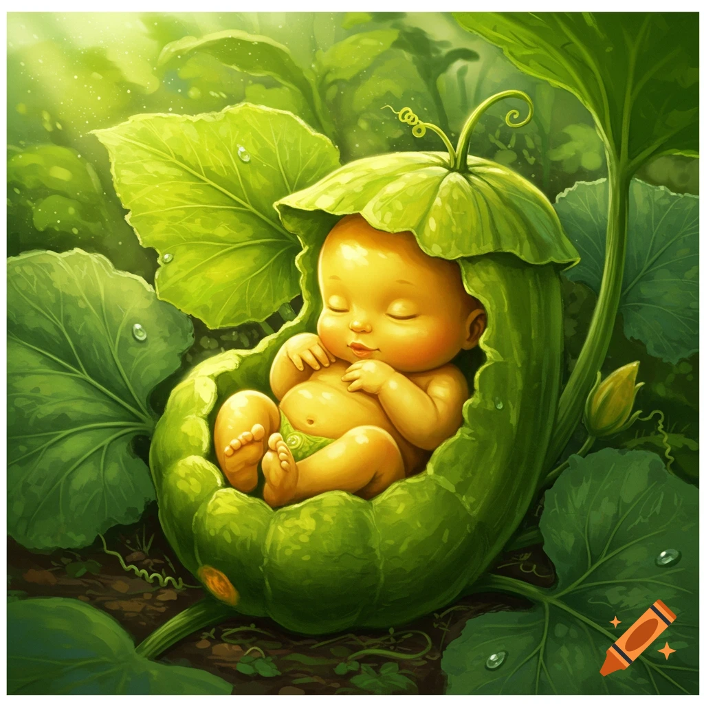 A cute baby sleeps peacefully inside a large green squash, surrounded by lush green leaves, in a whimsical illustration style.
