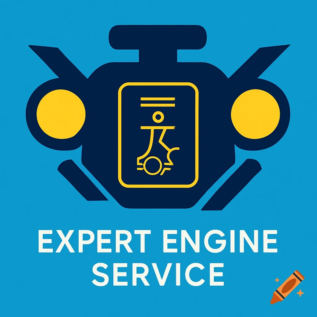 Blue and yellow engine icon above the text 'EXPERT ENGINE SERVICE'.