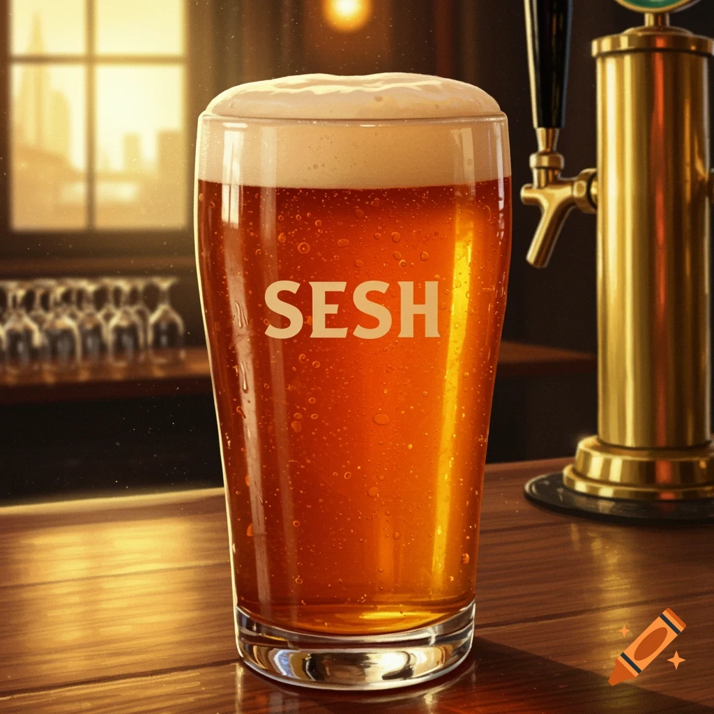 A close-up, photorealistic image of a pint glass filled with foamy amber beer, labeled 'SESH', on a wooden bar counter.