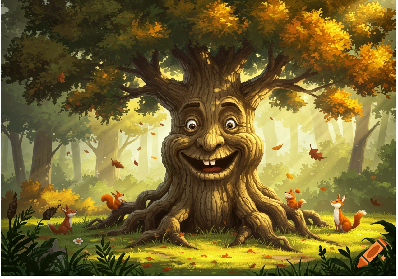 A whimsical tree with a smiling face stands in a sunlit forest surrounded by three small foxes and squirrels, with autumn leaves falling.