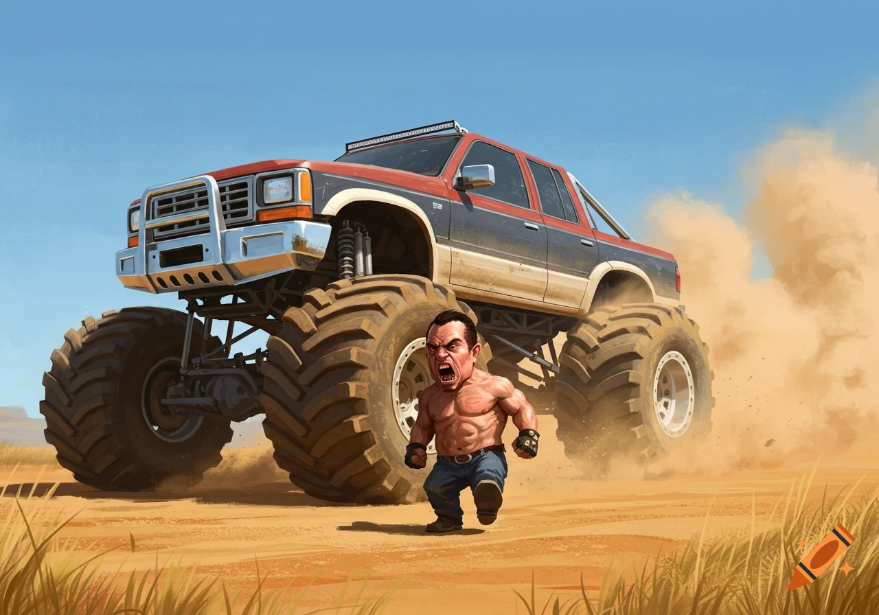 An angry, tiny, muscular man runs in front of a giant monster truck in a dusty desert, illustrated in a dynamic style.