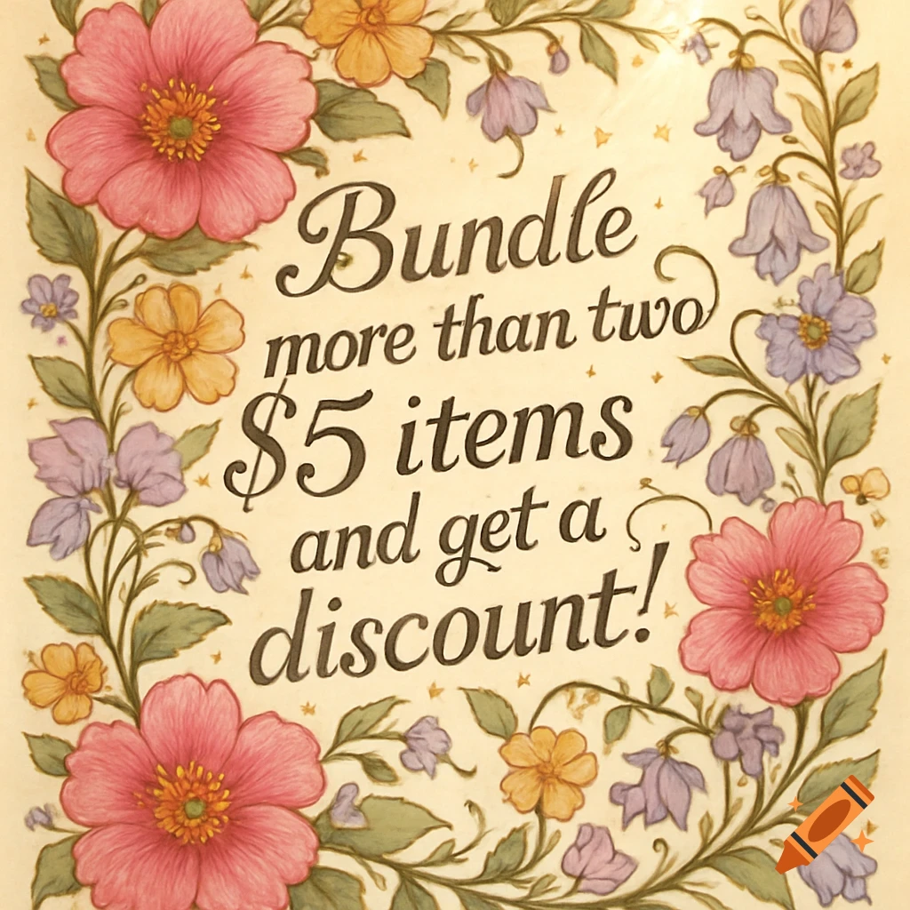 An illustrative floral border frames text that reads 'Bundle more than two $5 items and get a discount!' on a light background.
