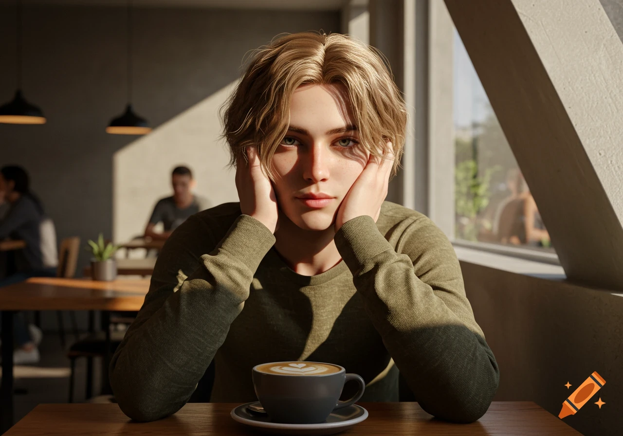 Photorealistic portrait of a young person with blonde hair holding their head, seated at a cafe table with a latte.