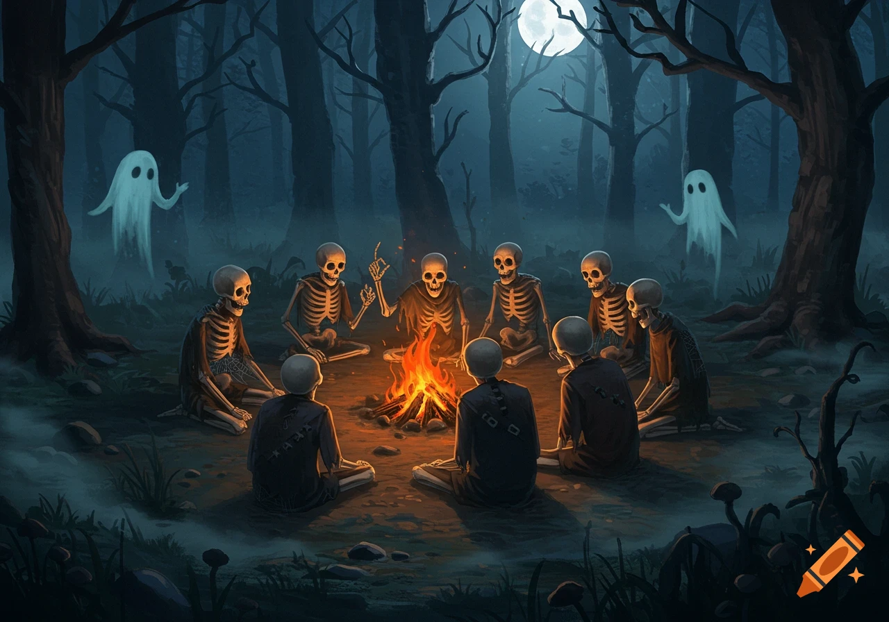 Skeletons and ghosts gathered around a campfire in a dark, misty forest under a full moon.