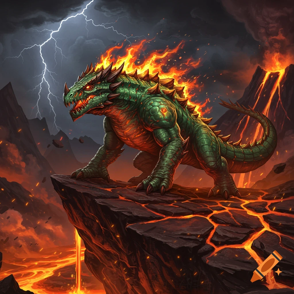 A fiery green monster with glowing red eyes stands on a jagged cliff over a lava river, as lightning strikes a dark, stormy sky.