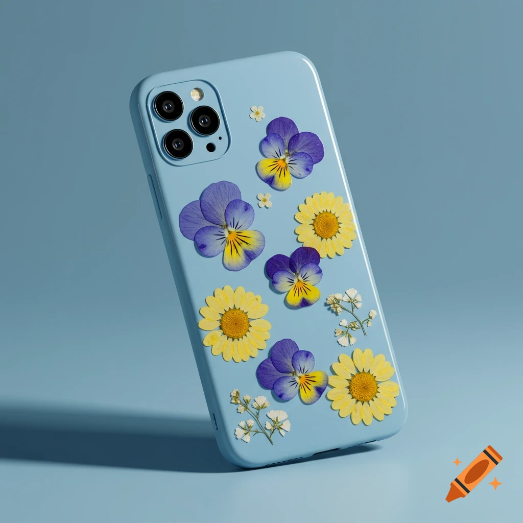 Light blue phone case with pressed purple pansies and yellow daisies, on a matching blue background.
