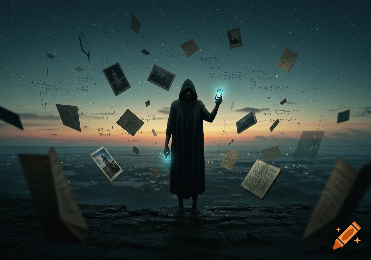 A hooded figure stands on a cliff with glowing hands, surrounded by floating papers with equations and old photographs, under a star-filled sky and sunset horizon.