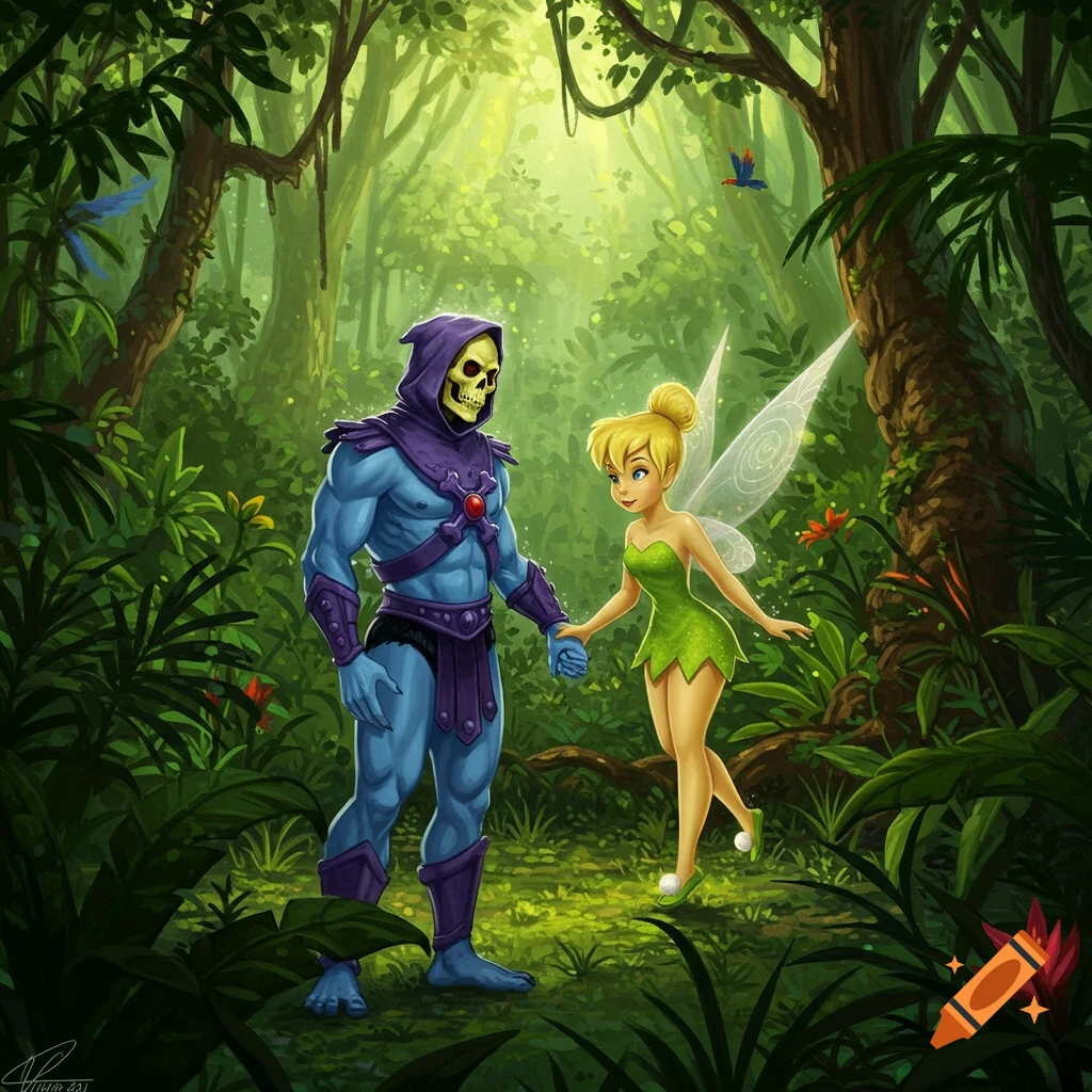 Skeletor and Tinker Bell hold hands in a lush, green rainforest, depicted in a vibrant cartoon illustration.