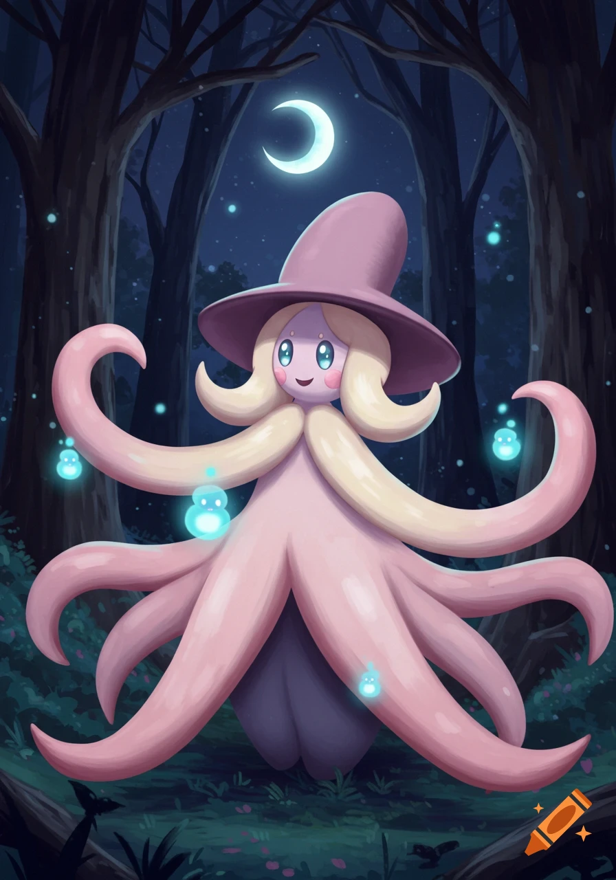 A cute, light pink, tentacled Pokemon character, Hatterene, wearing a pointy hat in a dark, moonlit forest with glowing blue spirits floating around.