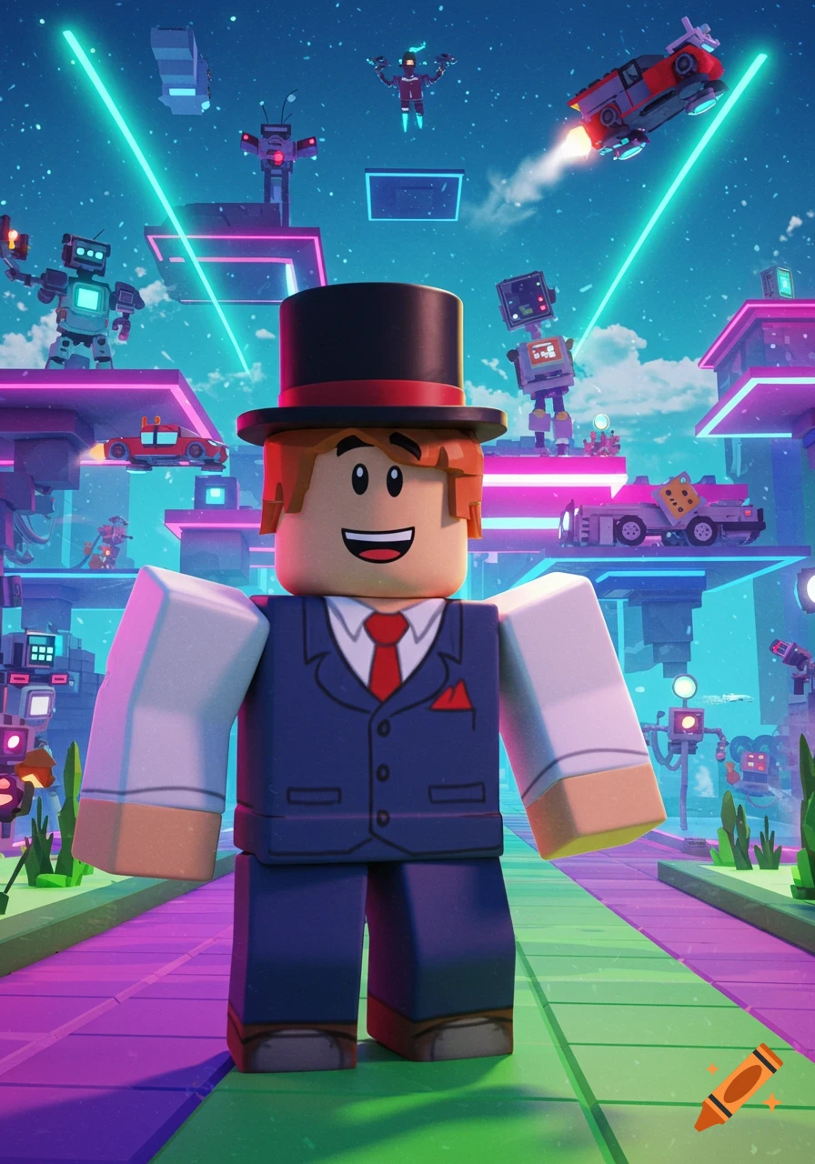 A 3D digital art image of a Roblox-style character in a top hat and suit, standing in a vibrant, futuristic block world with robots and flying cars.