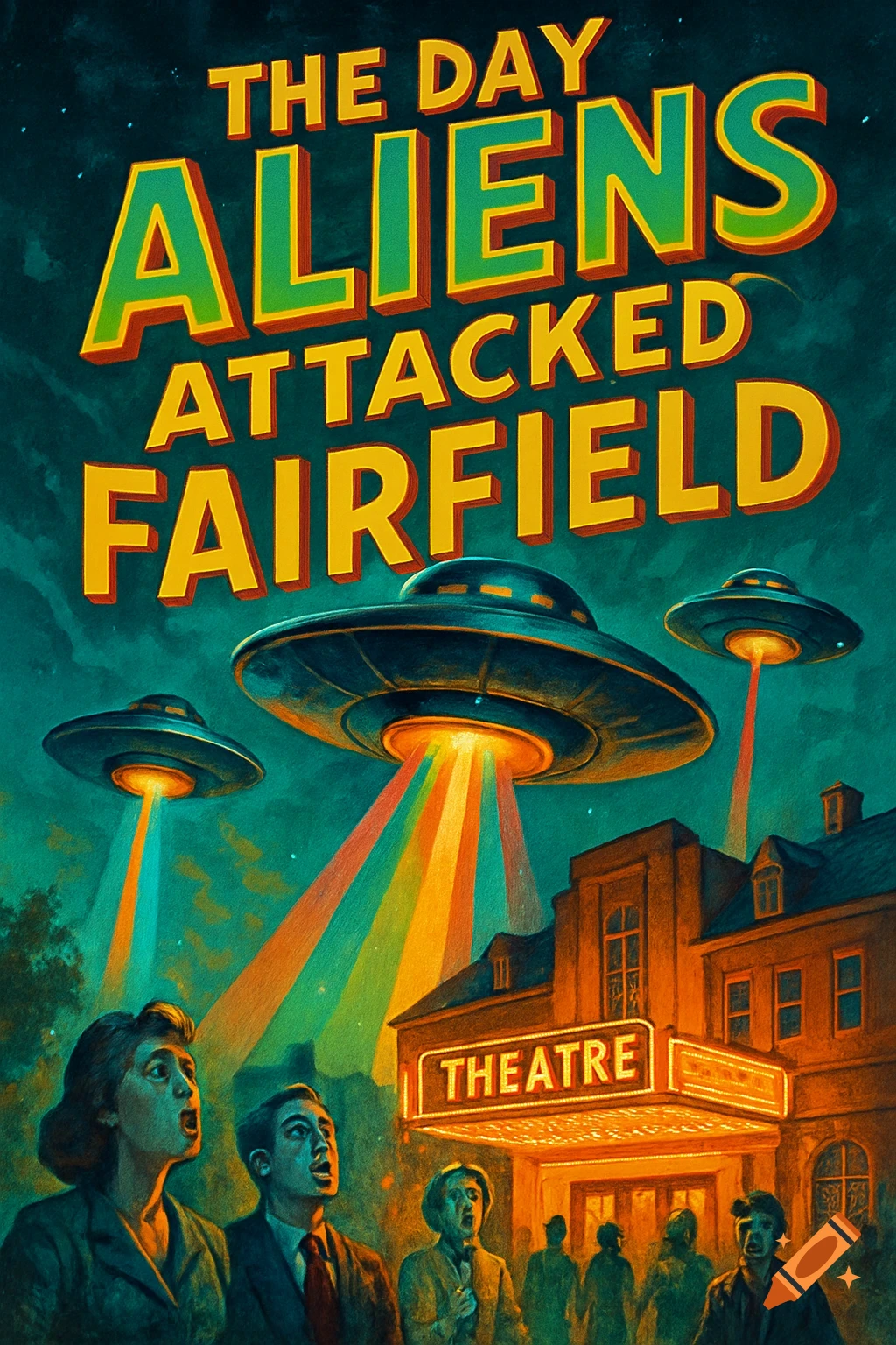 A retro sci-fi poster depicting UFOs attacking a theatre at night, with people looking up in fear. Text: THE DAY ALIENS ATTACKED FAIRFIELD.