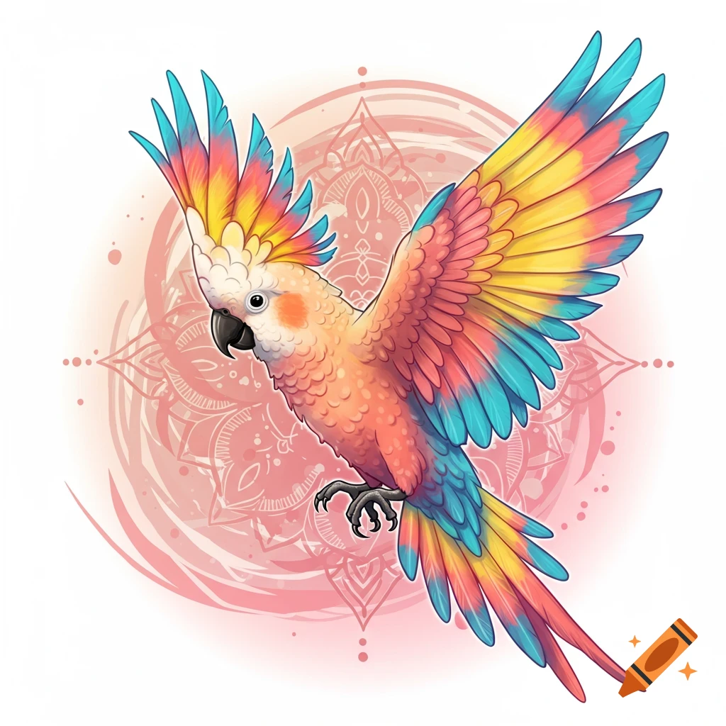 A vibrant, colorful cockatoo or macaw with outstretched wings, depicted in a stylized tattoo art against a soft pink mandala background.