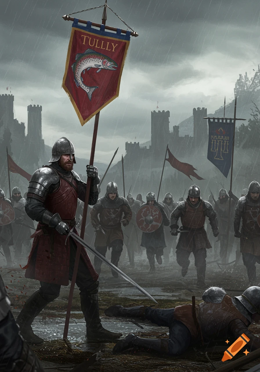 Medieval soldiers, led by a standard-bearer with a 'TULLLY' banner, march in the rain on a muddy battlefield with castles in the distance.