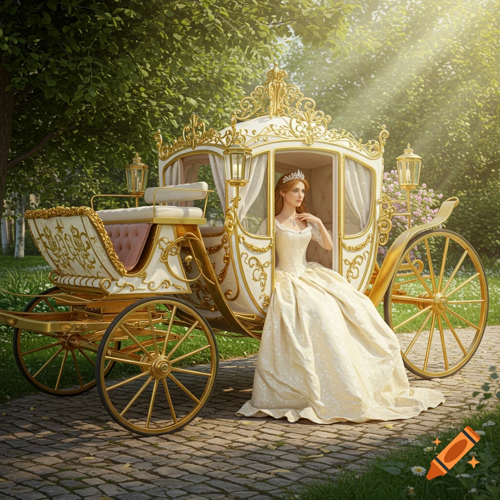 A princess in a gold and white carriage on a paved path surrounded by green trees with sunlight filtering through.