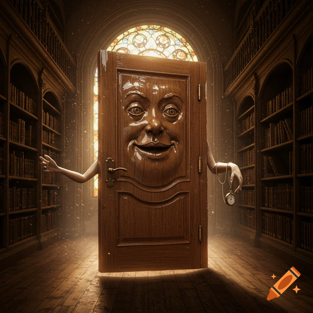 A whimsical wooden door with a carved smiling face and human arms stands in a grand library, one hand holding a pocket watch.