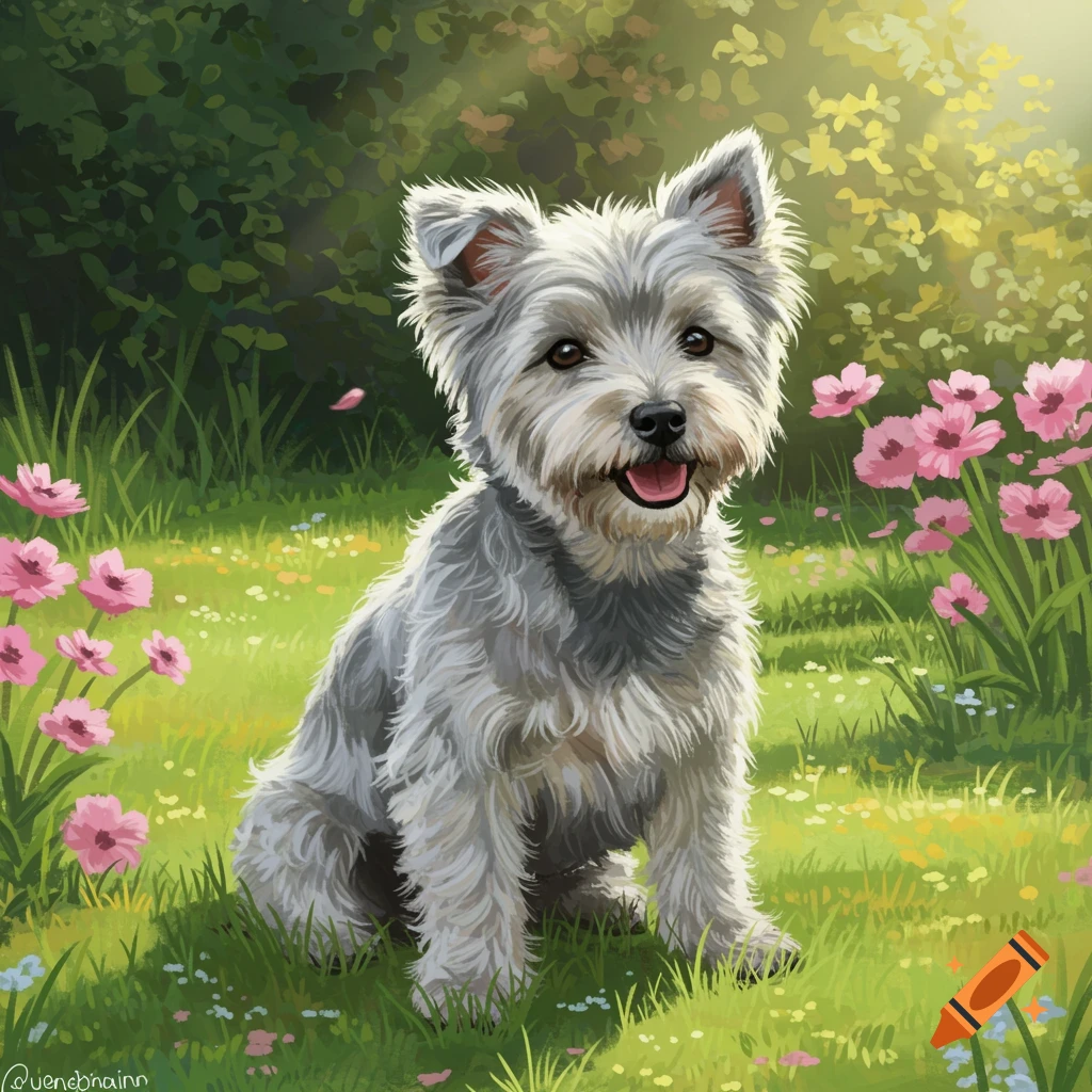 A fluffy grey terrier dog sits in a sunny green field filled with pink flowers, depicted in a digital painting style.