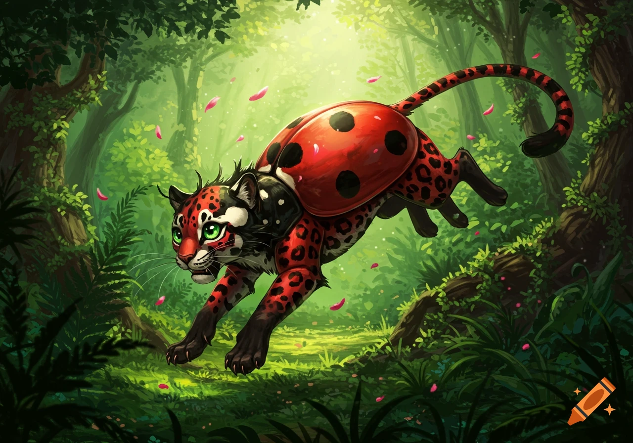 A vibrant illustration of a spotted red and black leopard-like creature with a ladybug shell leaping through a lush green forest.