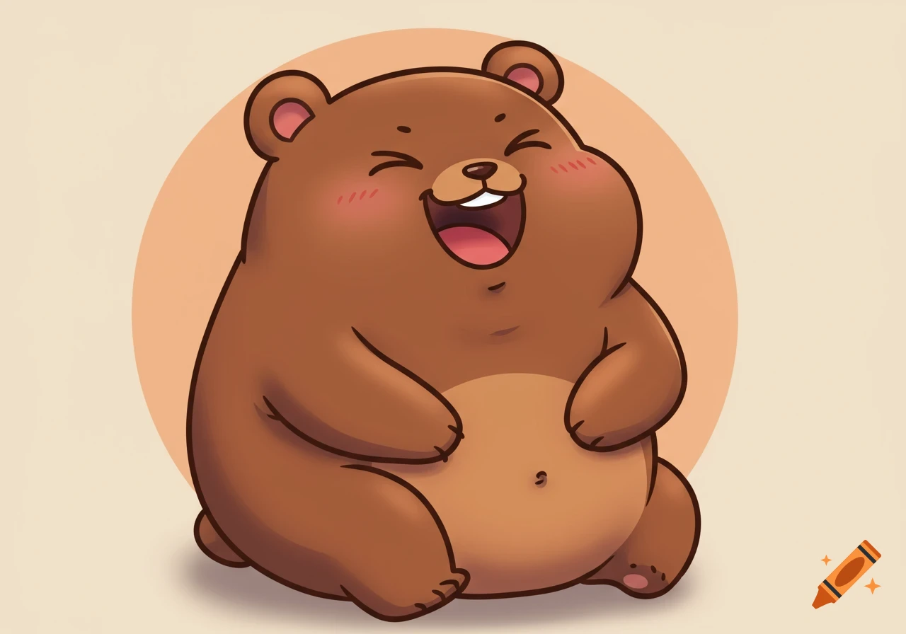 A cute, chubby brown cartoon bear sits laughing with its mouth open, blush on its cheeks.
