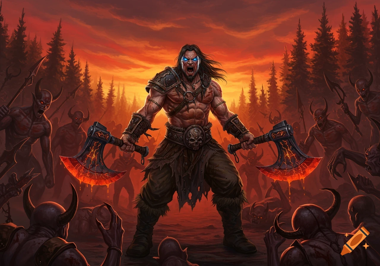 A muscular barbarian with glowing eyes rages, holding two fiery axes, surrounded by demons under a dark orange sky.