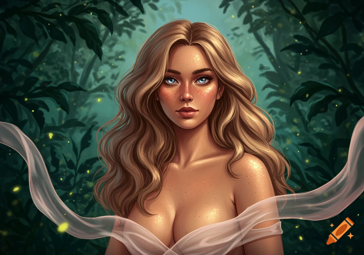 Digital painting of a woman with long blonde wavy hair, blue eyes, and freckles, draped in sheer fabric, against a dark fantasy forest with glowing lights.