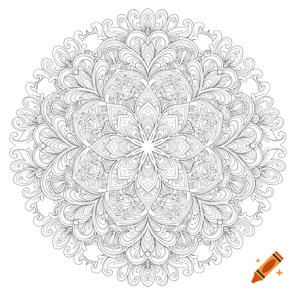 Black and white intricate floral mandala line art design on a white background, in a coloring page style.