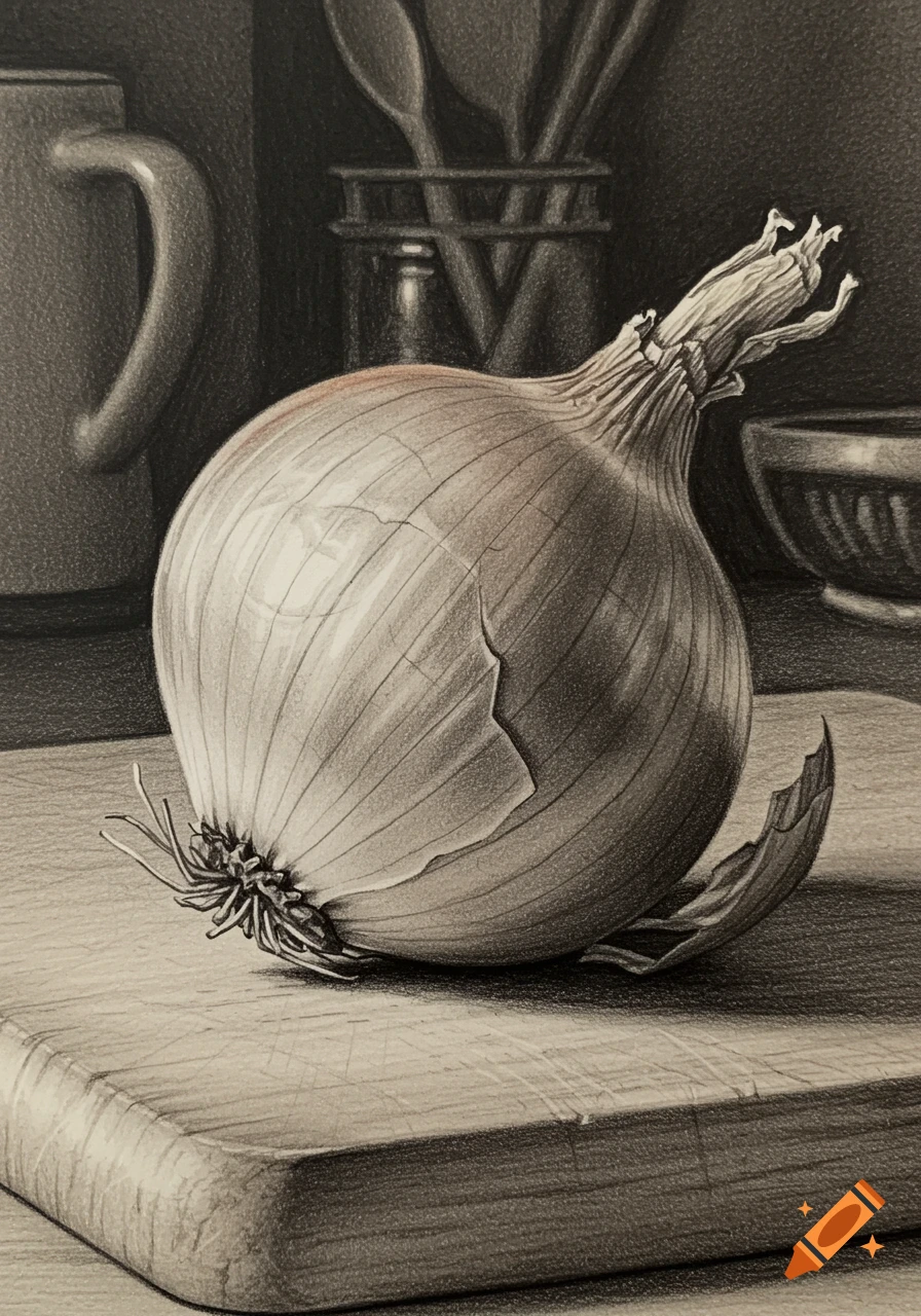A detailed monochromatic pencil sketch of an onion on a wooden cutting board with kitchen utensils in the background.