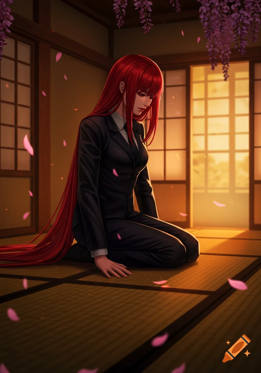 A red-haired woman in a black suit kneels on a tatami mat in a traditional Japanese room, with wisteria flowers and fallen petals.