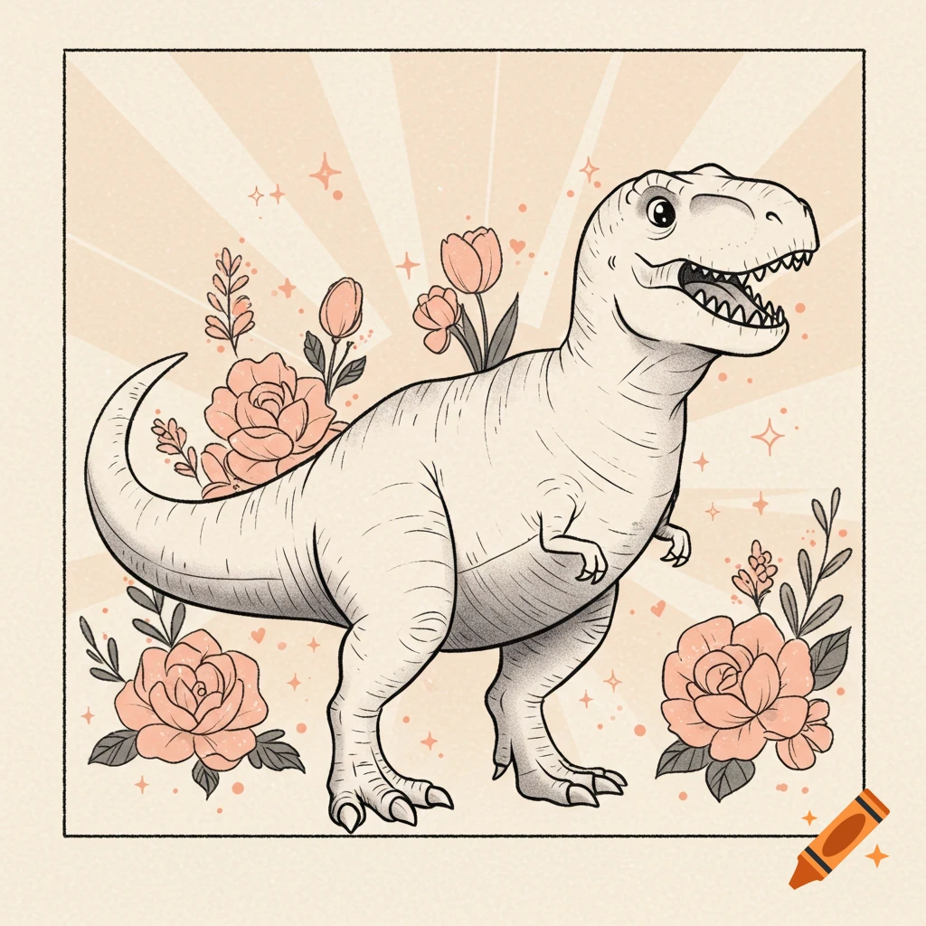 A child-friendly, Disney-inspired T-Rex stands surrounded by roses and tulips with soft sun rays in a pastel illustration style.