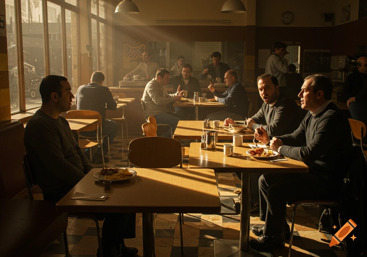 A bustling cafeteria with men seated at tables, some engaged in discussion, bathed in warm midday sunlight.
