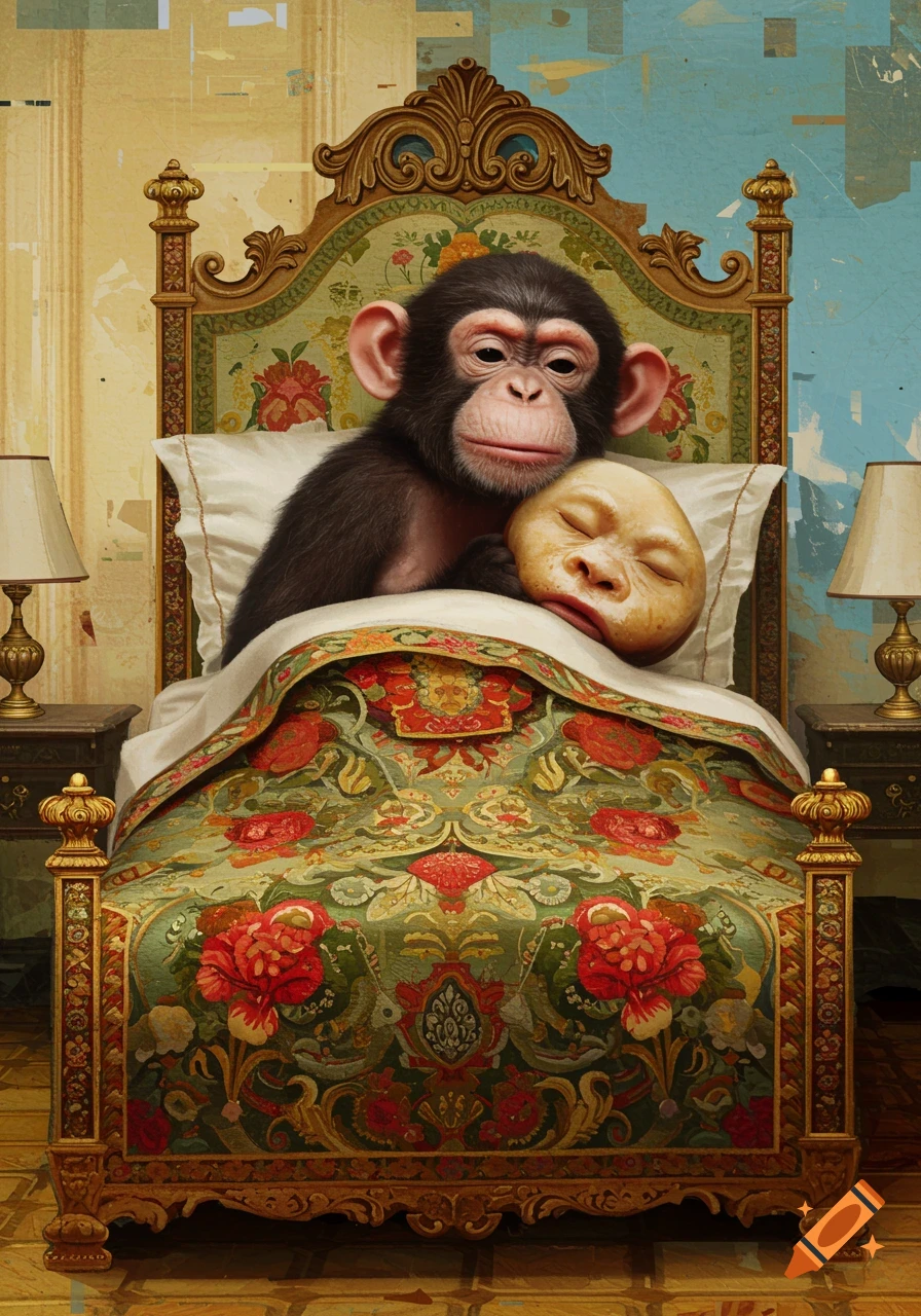 A chimpanzee snuggles with a human-like head on a richly patterned bed in a surreal, painted style.