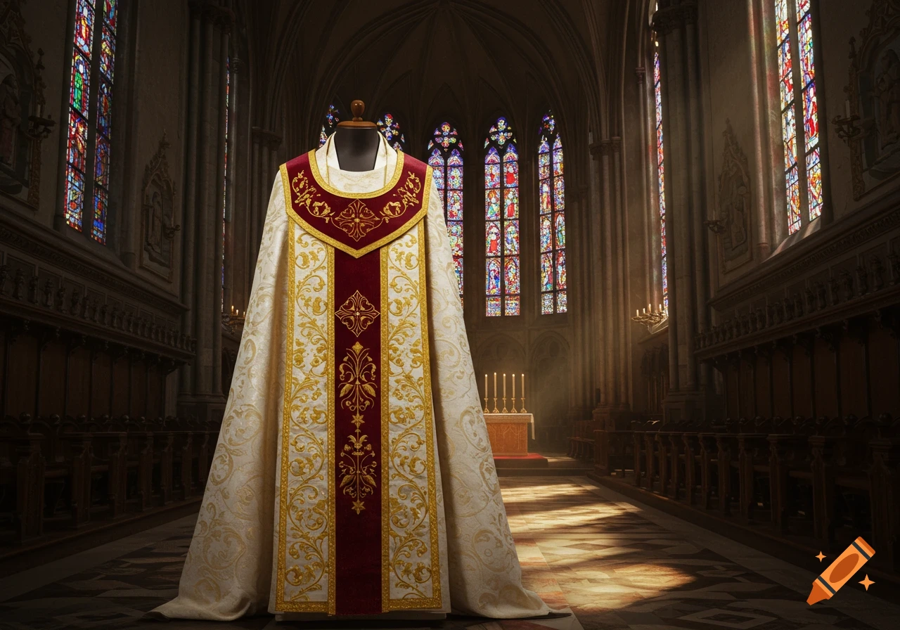 A richly embroidered dalmatic liturgical vestment on a mannequin stands in a sunlit gothic church with stained glass windows.