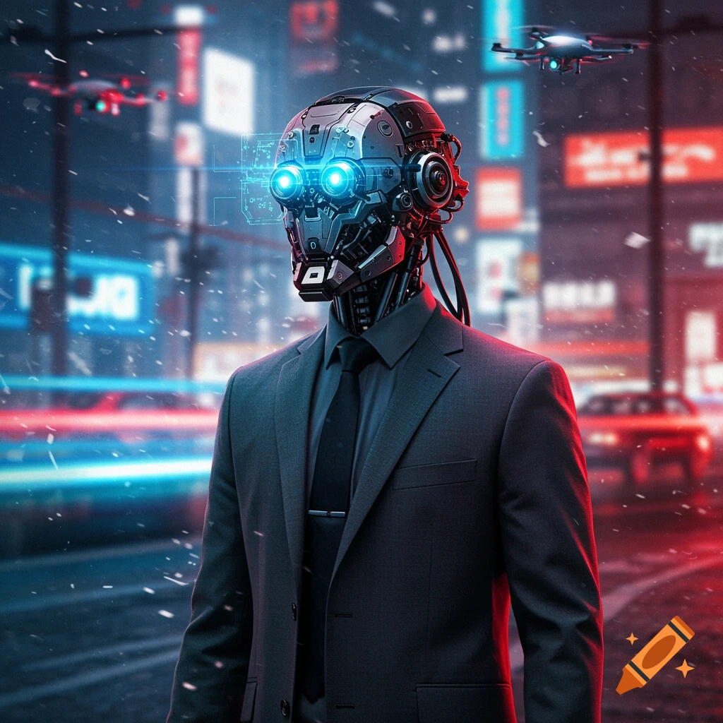 A humanoid robot in a dark suit and tie stands on a futuristic, rain-streaked city street at night, its head glowing blue, with drones flying overhead.