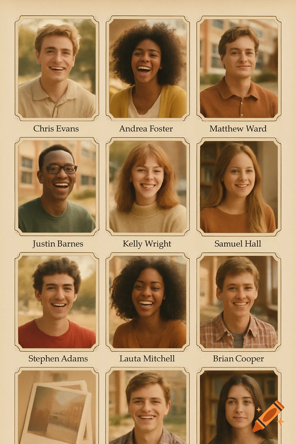 A yearbook page featuring multiple portrait photos of smiling young men and women, each with a name caption below. The bottom left frame shows two smaller polaroid-style photos.