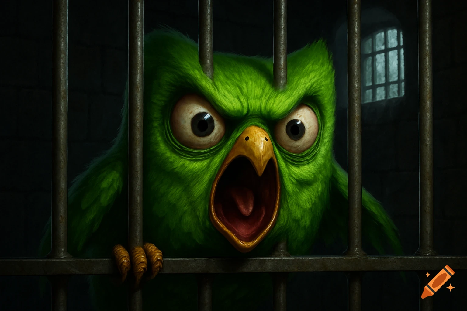 A realistic, angry green Duolingo owl with wide eyes screams from behind dark prison bars in a gloomy cell.