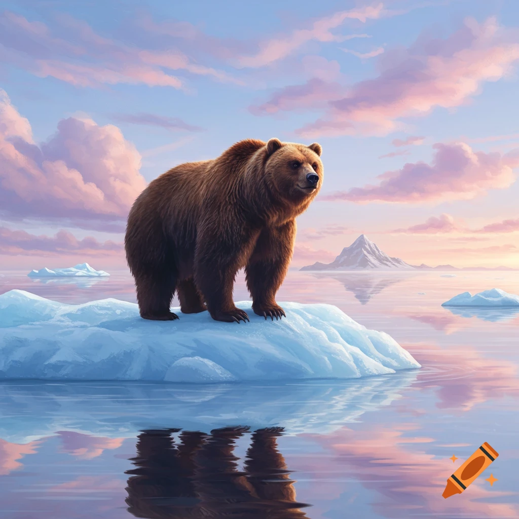 A majestic brown bear stands on a large ice floe in the ocean at dawn, with a mountainous island in the distance under a pink and purple sky.