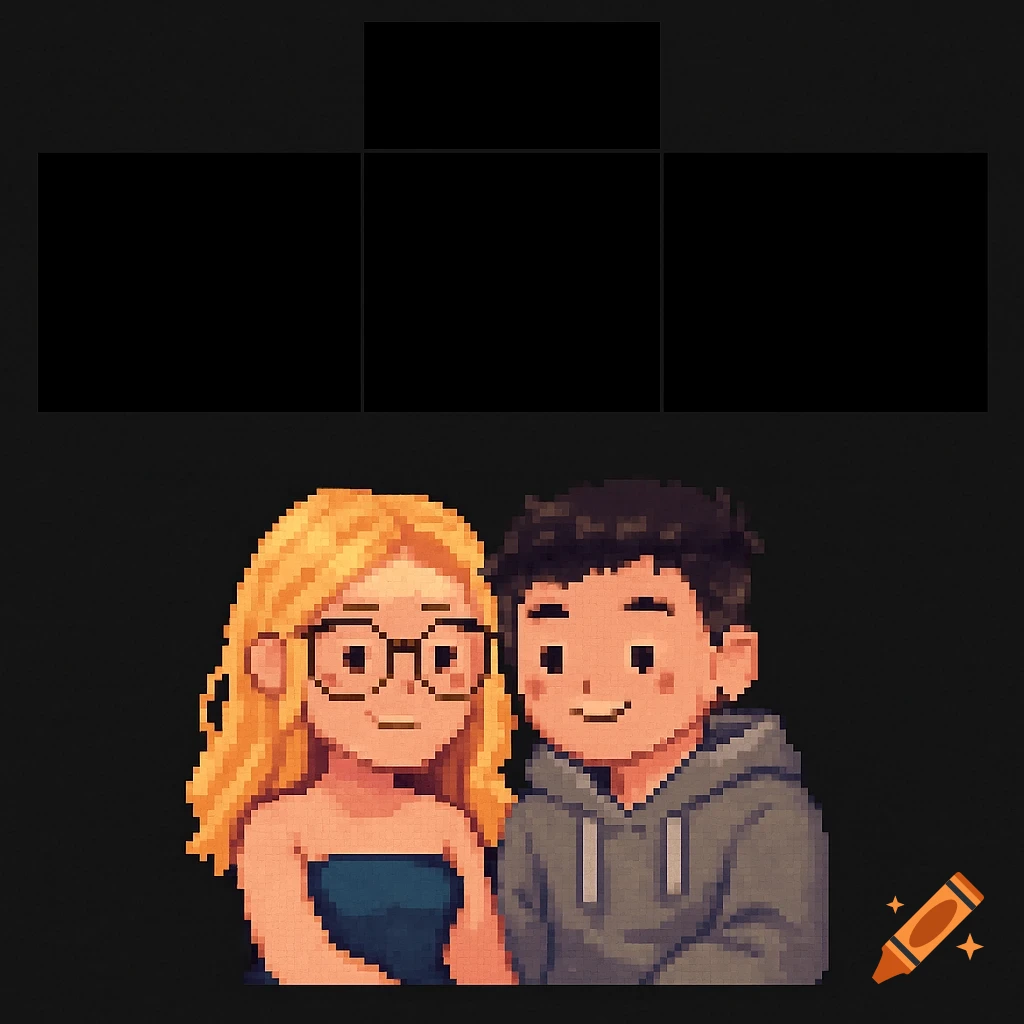 Pixel art of a blonde girl with glasses and a boy in a gray hoodie, smiling, on a black Roblox shirt template.