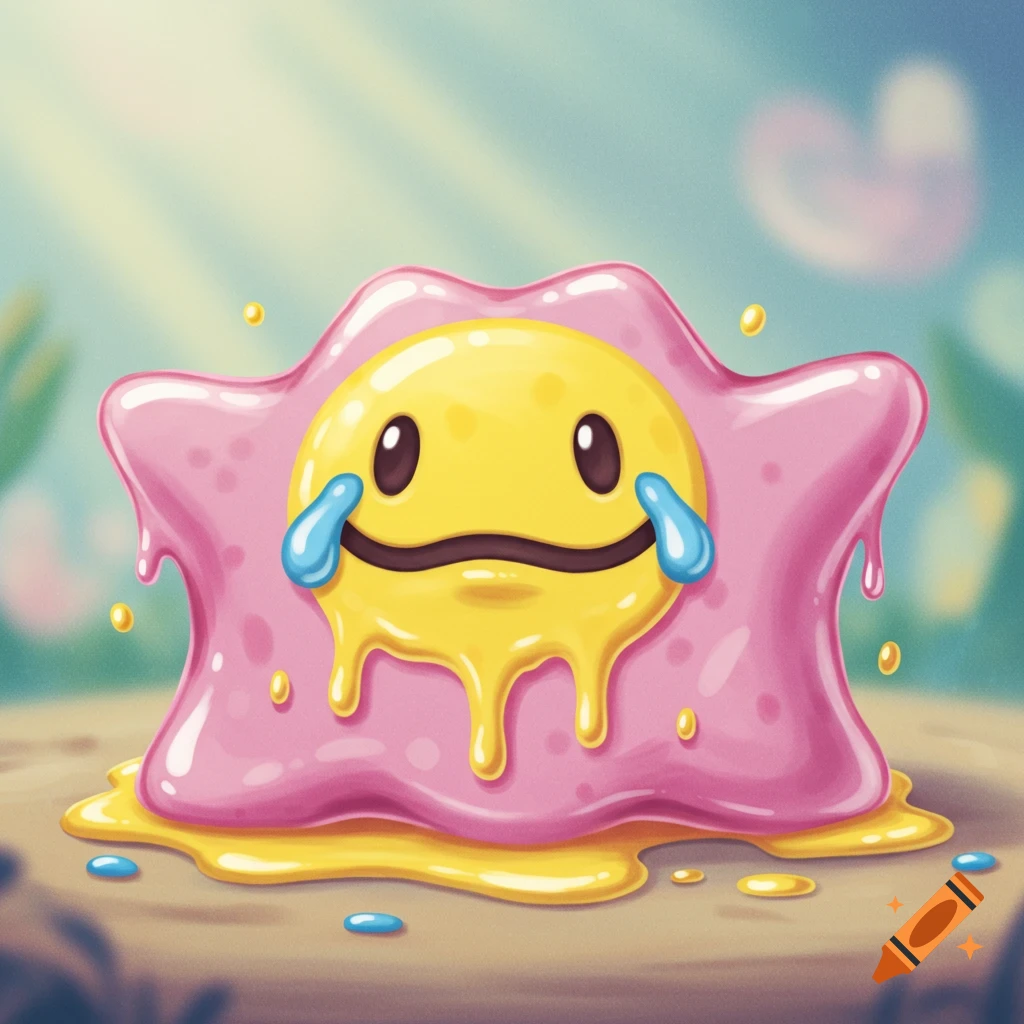 A cartoon pink blob resembling a melting yellow smiley face emoji, dripping onto a surface.