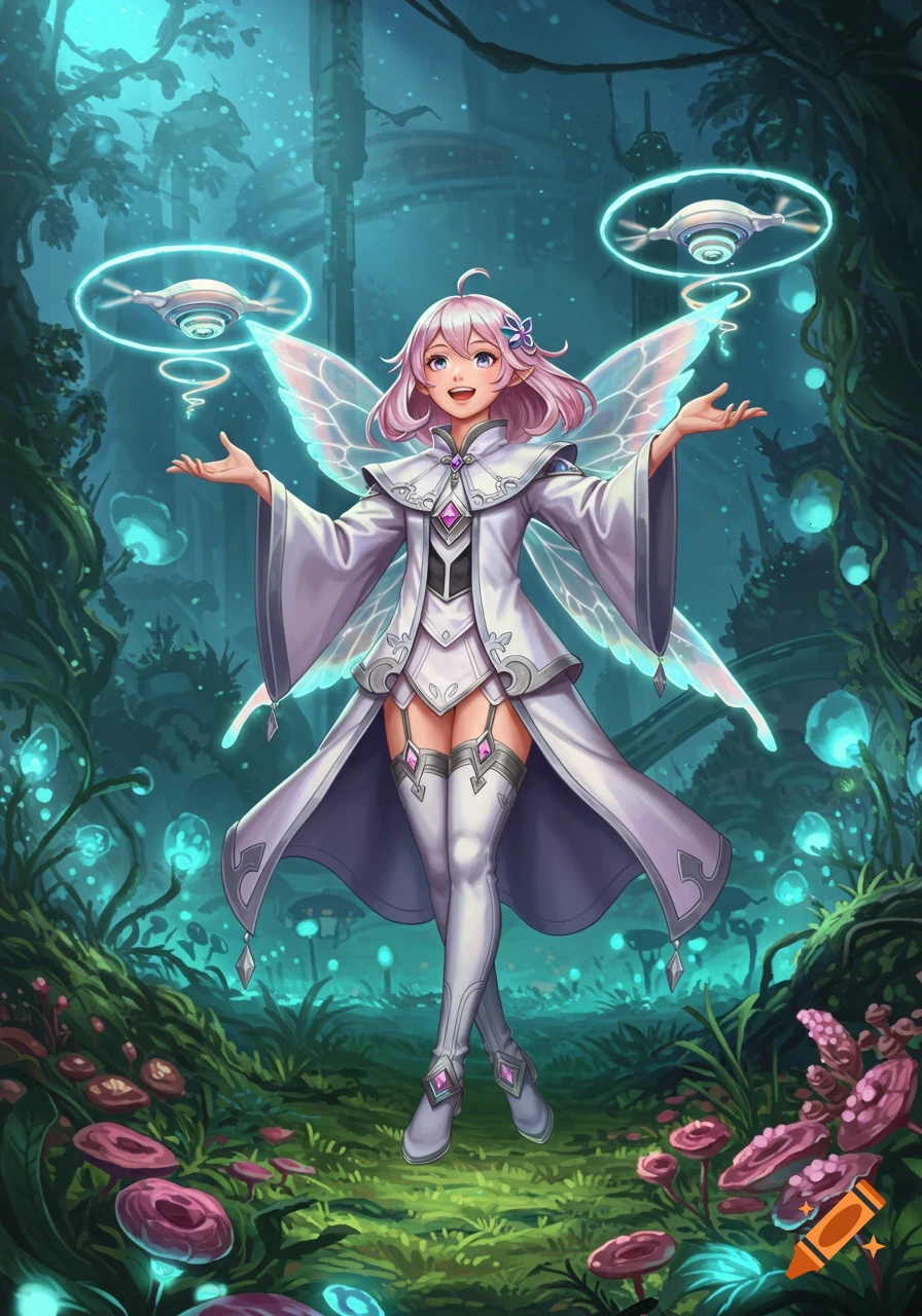 A cheerful pink-haired fairy with translucent wings and a white robe stands in a glowing magical forest, with two futuristic drones hovering above her.
