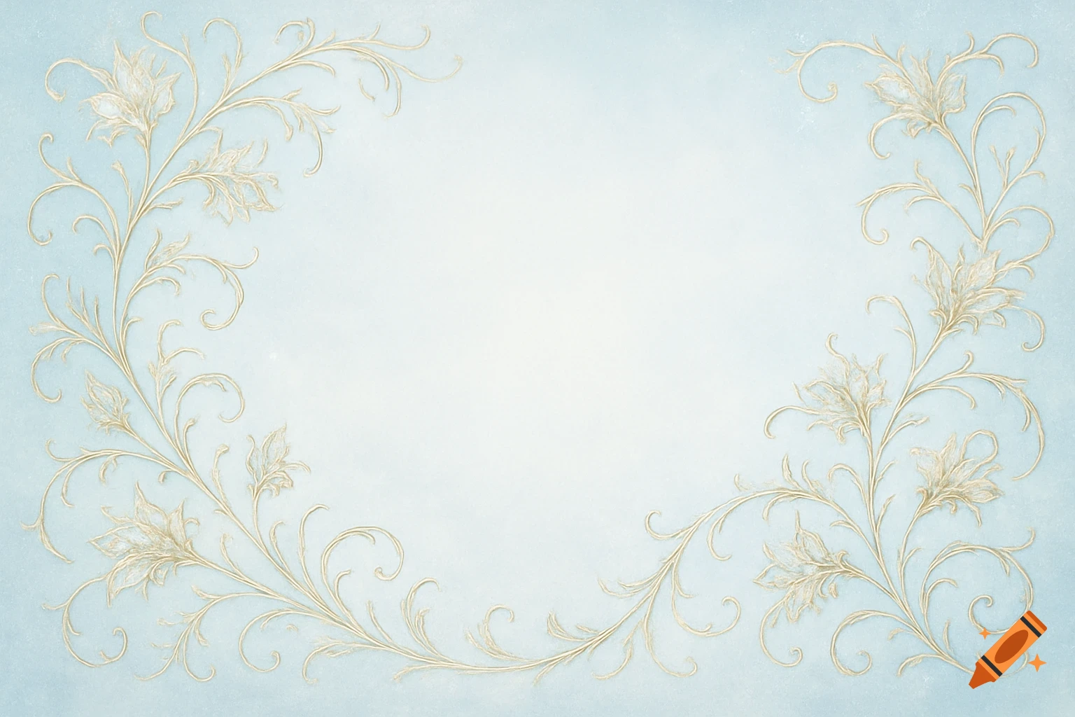 Light blue background with ornate light gold floral vine borders on the left and right, framing a clear center space.