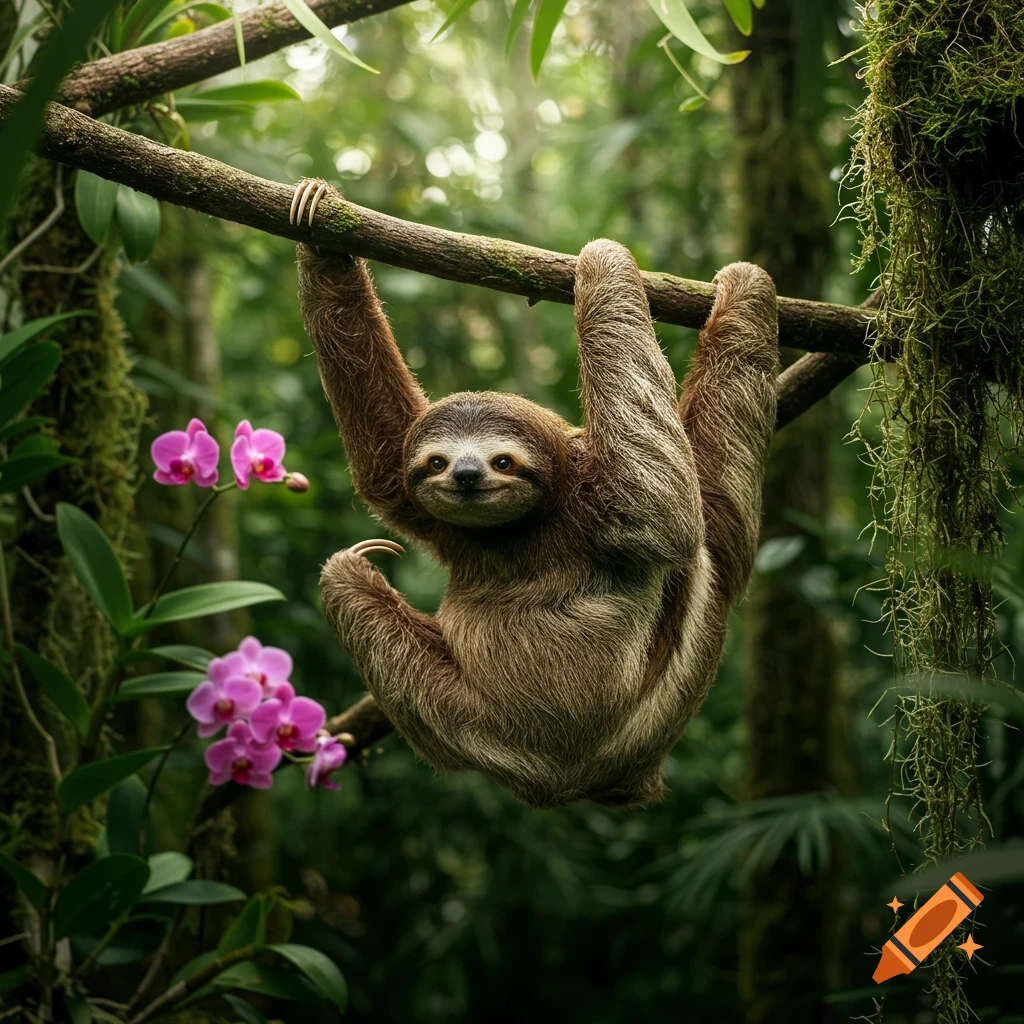 A smiling sloth hangs from a tree branch in a lush, green jungle with pink orchids.