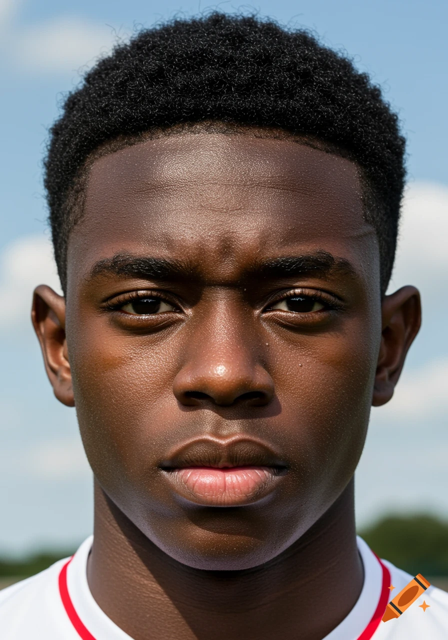 Detailed portrait of a young Black male football player with short black hair, looking intently at the camera against a blue sky.