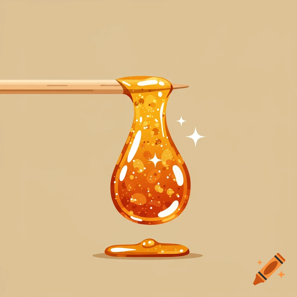 A shiny, amber droplet of liquid resin drips from a wooden stick onto a beige surface in a stylized illustration.