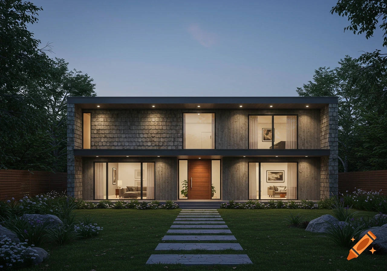 A modern two-story house with wood and shingle siding, illuminated windows, a front lawn, and stone path at dusk.
