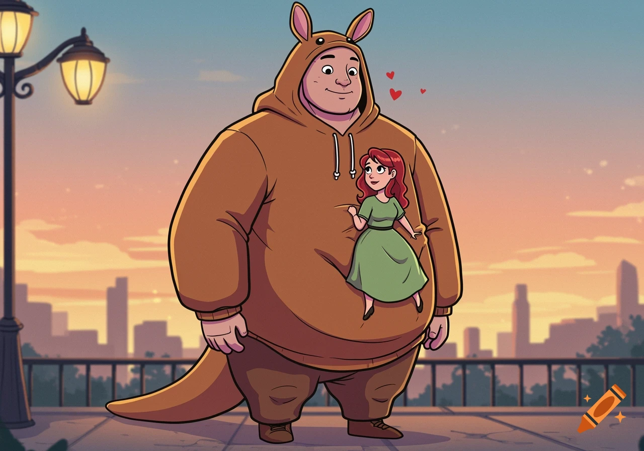 A cartoon of a large man in a kangaroo hoodie with a small woman in a green dress in his front pouch, against a sunset cityscape.