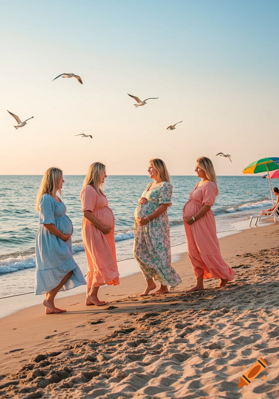 Four blonde pregnant women in flowing dresses walk along a beach at sunset with seagulls flying above.
