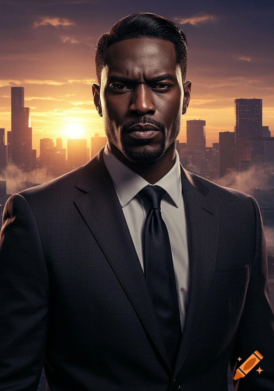 A serious man in a dark suit stands against a city skyline with a bright sunset.